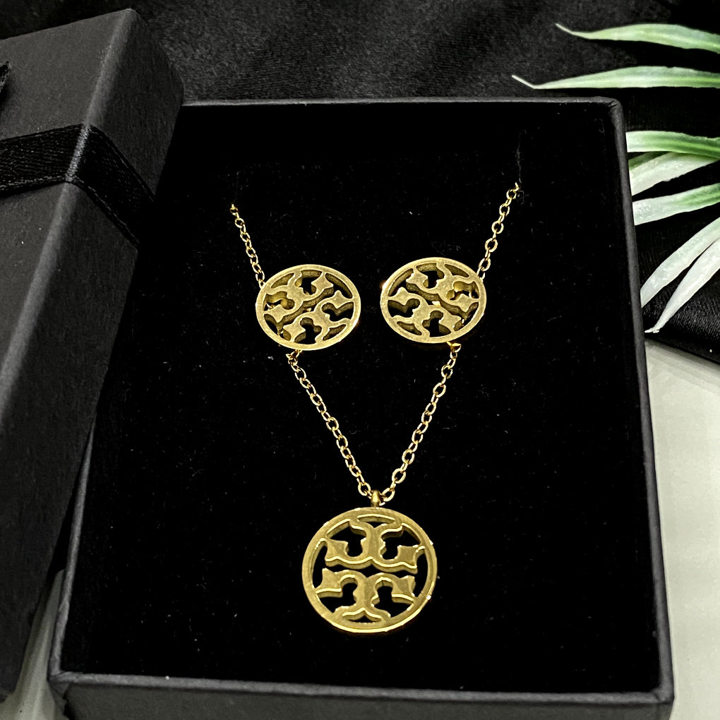 Tory Burch stainless steel pendant and ear-studs